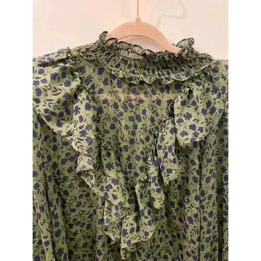 Eloquii Elements Sheer Front Ruffle Floral Print Green Peplum Top, sz 20